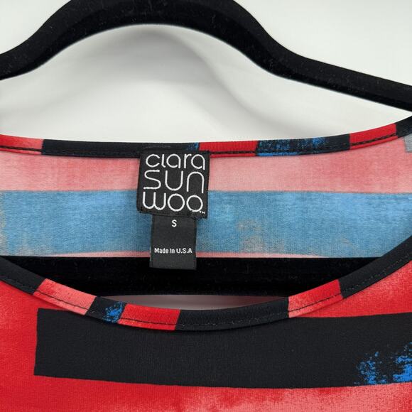 Clara Sunwoo Shirt Womens Small Red Black Geometric Scoop Neck Stretch Slinky - Picture 4 of 10